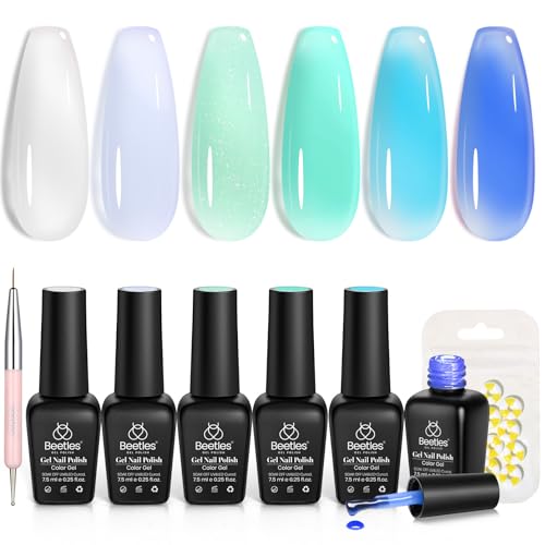 Beetles Jelly Gel Nail Polish Set, 6 Summer Colors Milky White Blue Green Turquoise Shimmer Translucent Sheer Color Gel Polish Kit Soak off Uv Nail Concealer Bubble Splash Series Gift for Women