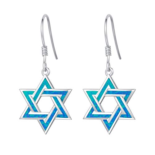 FANCIME Sterling Silver Created Blue Created Opal Star Dangle Earrings Charm Danity October Birthstone Fine Jewelry for Women