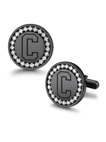 Bandmax Mens Initial Cufflinks Stainless Steel Black Initial Letter C Cufflinks for Men Cubic Zironia Classic Cuff Links Gift for Father Son Husband Boyfriend
