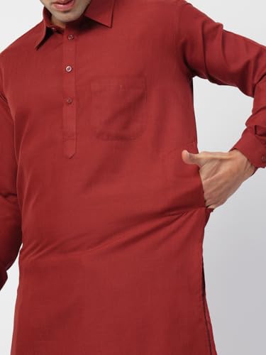 Image of Men's Traditional Pathani Kurta Salwar Set, Red, Long Sleeve, Collared Neck, Cotton Blend, Ethnic Wear