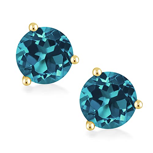 Gem Stone King 14K Yellow Gold London Blue Topaz 3 Prong Martini Screw Back Stud Earrings For Women (5.00 Cttw, Gemstone Birthstone, Round 8Mm) #TOP1