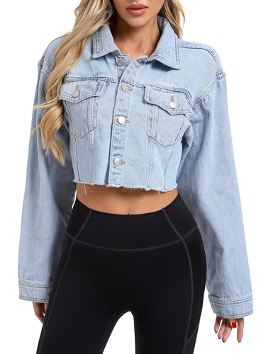 Women's Cropped Denim Jacket, Button Down Long Sleeve Frayed Loose Oversized Jean Jacket Coat3
