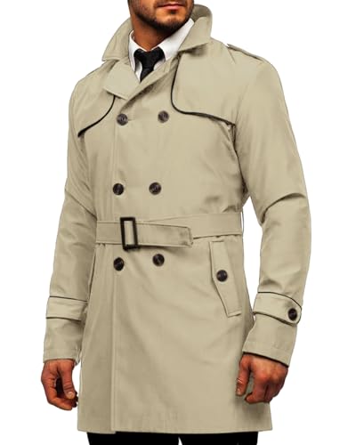 Image of Makkrom Men's Trench Coat Slim fit Double Breasted Notched Lapel Belted Windbreaker Long Jacket Casual Windproof Overcoat