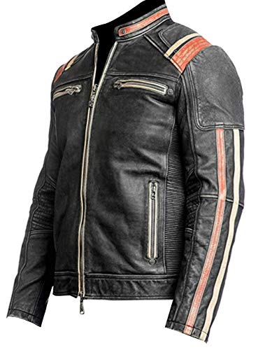 Image of Retro Cafe Racer Vintage Motorcycle Biker Distressed Black Leather Jacket for Mens