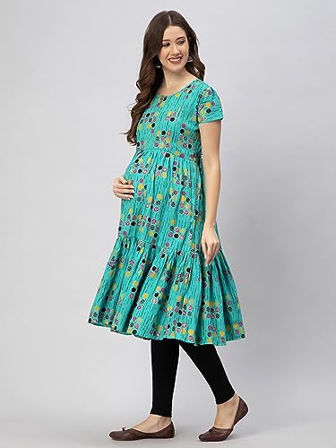 Image of CEE 18 Women's Cotton Rayon A-Line Maternity Feeding Kurti with Zippers (10007) (M, Simplistic Green)
