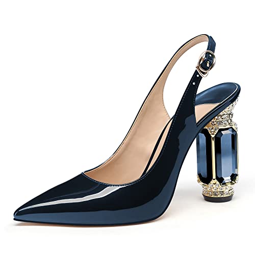 Image of JANSEVEN Women Chunky Heels Pumps Crystal Block Heels with Rhinestones Pointed Toe Sexy Gradient Patent Leather Slip on Bridal Party Wedding Dress Shoes 5-13 M US