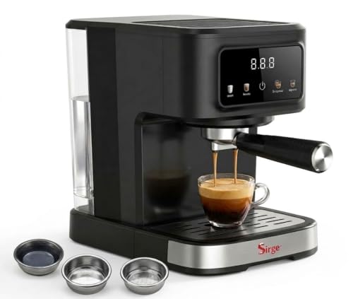 Sirge Macchina Caffè Espresso 20 Bar Digitale 3 Filtri | Cappuccino, Cialde ESE44 e Macinato, Display AutoStop