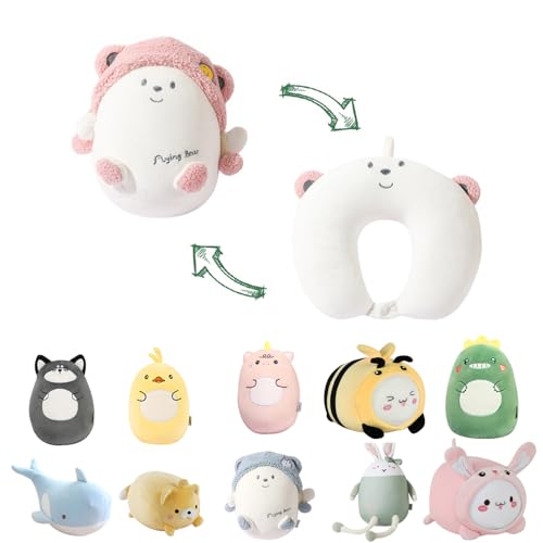 Image of Kids Travel Pillow - 2-in-1 Deformable Kids Neck Pillow for Traveling, Soft U-Shaped Pillow with Adorable Animal Design, Comfy Sleep and Play, Ideal for Airplanes and Cars - Pink Bear