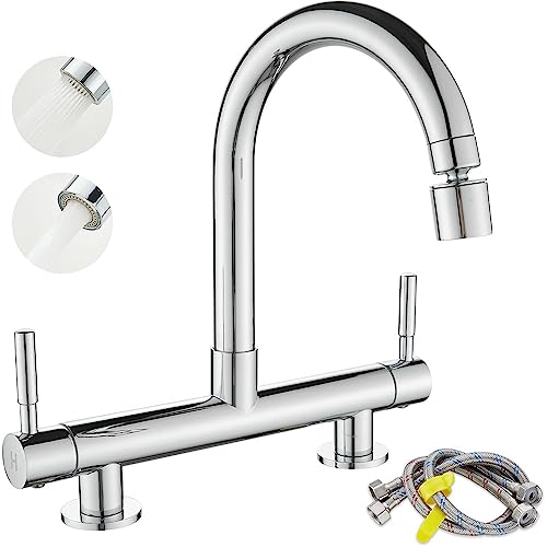 Maynosi 2 Hole Kitchen Sink Mixer Tap, Bridge Kitchen Mixer Taps, Dual Levers Faucet with 2 Function Sprayer, 360° Swivel Spout, 180 mm Centers Deck Mounted, Include UK Standard Tails, Brass, Chrome