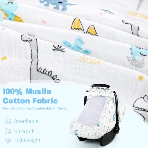 Image of Car Seat Cover Baby, HNHUAMING Muslin Cotton Carseat Covers for Babies Girls Boys Summer Infant Car Seat Covers Canopy, Cozy Newborn Carseat Covers Stroller Cover with Breathable Mesh Window, Dinosaur