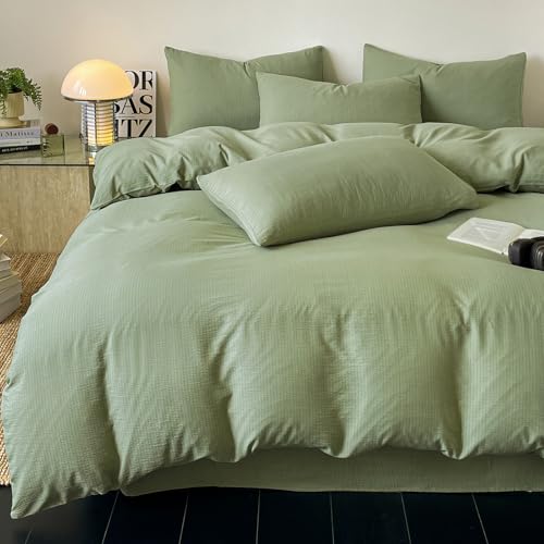 WONGS BEDDING King Size Duvet Cover Sets Green Bedding Set Reversible Striped Texture with 2 Pillowcases Soft Microfiber King Size Bedding Sets with Zipper Closure for All Season (220x230cm)