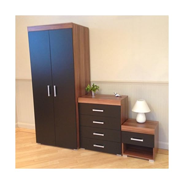 DRP Trading 3 Piece Black & Walnut Bedroom Furniture Set! Wardrobe, 4 Drawer Chest, 1 Draw Bedside Table - Image 3
