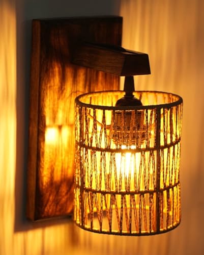 Image of Ikari Homes Rustic Wooden Wall Lamp I Cylindrical Raffia Shade I Vintage Wall Lamp I Boho Rattan Wall lamp for Bedroom /Balcony /Living Room /Outdoor /Entrance - Size 10 x 5 in (Zig Zag Raffia)