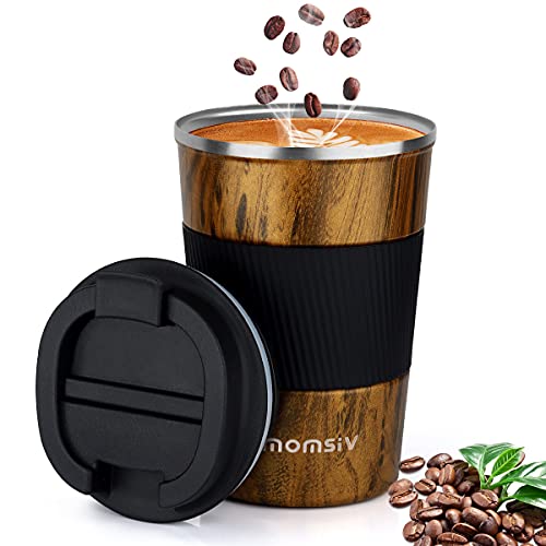 MOMSIV Taza de café aislada con tapa a prueba de fugas, antideslizante, reutilizable, de acero inoxidable, ecológica…