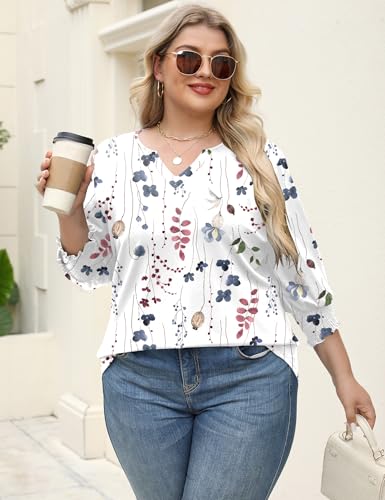 Rapbin Women's Plus Size Tops Three-Quarter Sleeve V-Neck Tunic Top Elegant Printed Dressy Casual Shirts Lightweight Blouses (White Floral 3XL)