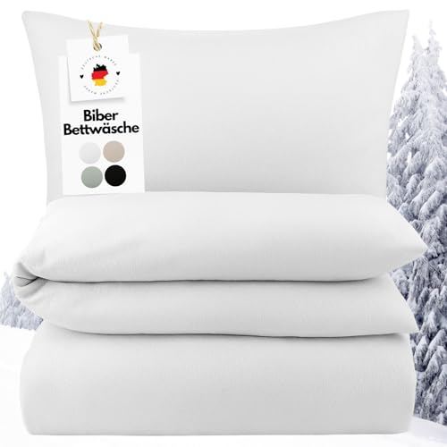 Carpe Sonno Biber Bettwäsche 135x200cm Weiß [Made in Germany] - 100% Baumwolle - Set 2 teilig Kissen und Decke | Flanell Bettwäsche 135x200 Winter...