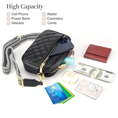 nuoku Quilted Crossbody Bags for Women Wallet Purse with Phone Pocket, Small Travel Purses Anti Theft, Wide Guitar Strap4