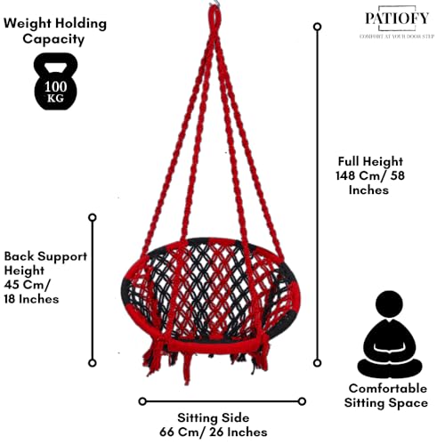 Image of Patiofy Cotton Round Swing Chair for Adults and Kids /Swing for Home, Balcony /Jhula for Adults /Jhoola for Living Room /Suitable for Indoor & Outdoor /with Hanging Kit (Red-Black)