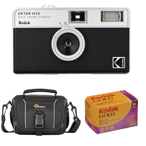Kodak EKTAR H35 Half Frame Film Camera, Black, Bundle with Kodacolor Gold 200 35mm Color Negative Roll Film and Shoulder Bag