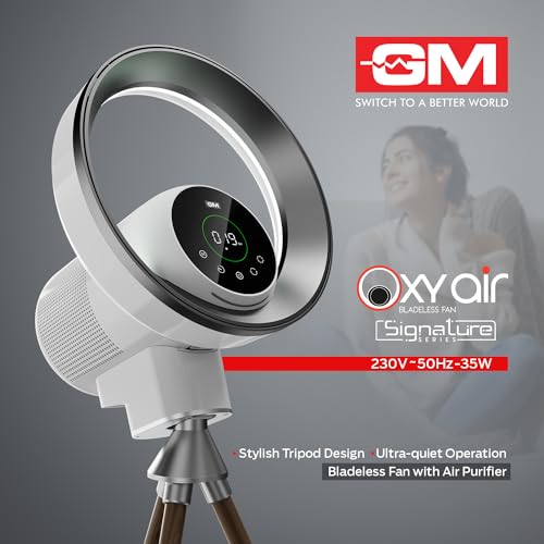 Image of GM Oxy Air Bladeless Fan with Air Purifier and LED Light | Powerful BLDC Motor | Voice Command | Wi-Fi Control | Silent Operation | Up to 8 Hours Timer | 9 Speed Levels | Low Power Consumption
