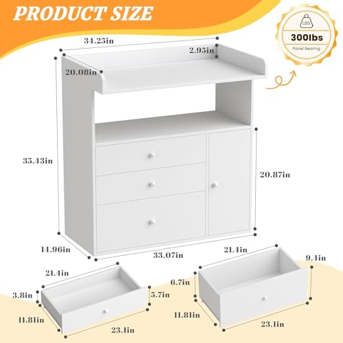 Image of Baby Changing Table Dresser with Wide Tabletop, 3 Drawers & Open Storage Space, Baby Dresser with Changing Table Top, Perfect for Baby Bedrooms & Nurseries