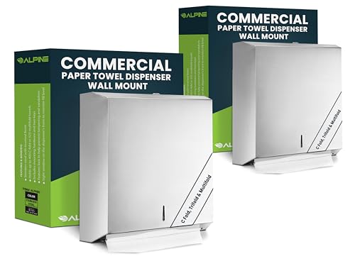 Alpine Paper Towel Dispenser Wall Mount Commercial - Stainless Steel Paper Towel Holder for C-fold, Trifold & Multifold Paper Towels, Industrial Hand Towel Dispenser for Bathroom & Kitchen (2 Pack)