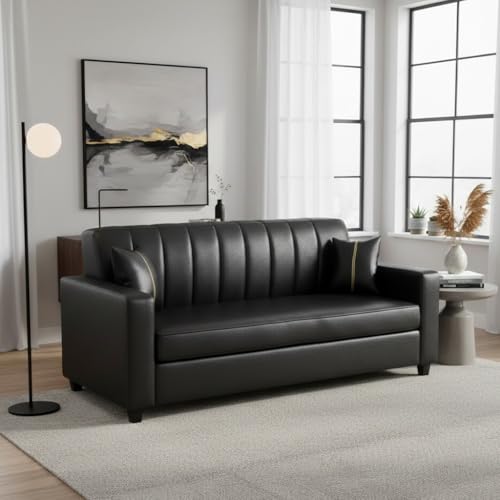 Image of FURNY Cosmos 3 Seater Leatherette Sofa Set (Black) Premium Finish | Durable Comfort | Ideal for Living Room
