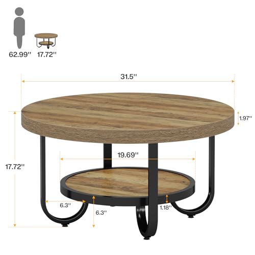 Tribesigns 2-Tier Round Coffee Table with Storage Shelf for Living Room, 31.1-Inch Centre Cocktail Table with Sturdy Curved Metal Legs, Easy Assembly, Brown - Image 2