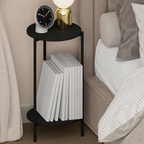 Furinno BESI Night Stand, 2-Tier Tall Round Nightstand, Metal Frame Narrow End Table with Open Shelf, Side Table, Bedside Table, for Bedroom, Closet, Dorm, Americano - image 1