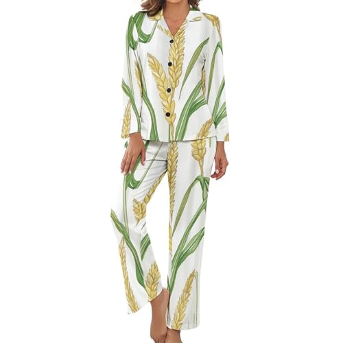 Pyjama femme de 2 pièces en imprimé blé peint main pour un homewear de luxe