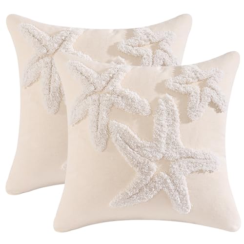 Tosleo Housse de Coussin Océan Été 45 x 45 cm Étoile de Mer Touffeté Ferme Coton Doux Décoratif Taie d'oreiller pour Canapé Salon Chambre Chaise Jardin...