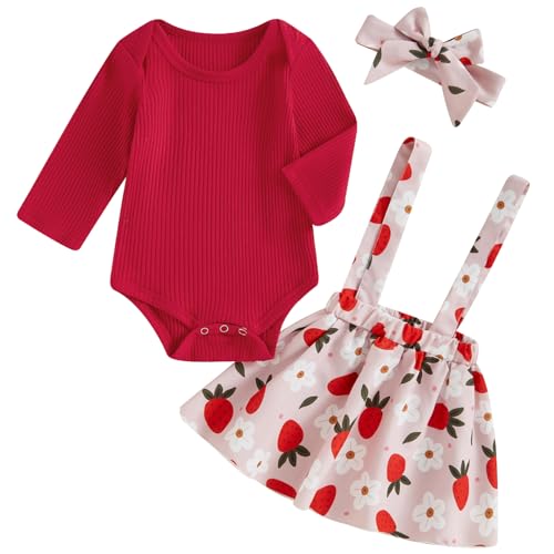Image of Mubineo Baby Girl Clothes Cute Fall Winter Skirt Outfits Long Sleeve Romper Flower Overall Dress Infant Newborn Outfit (Red Strawberry, 3-6 Months)
