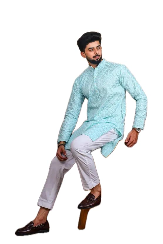 Image of LookMark Men's Printed Silk Blend Kurta with Mandarin Collar, Full Sleeves, Straight Fit Traditional Ethnic Wear