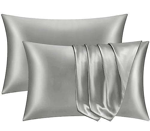 Pamposh Satin Silk Pillowcases For Hair And Skin 2 Pack Standard Size with Envelope Closure (2 Pcs Pillowcases (50 x 75 cm), Grey)