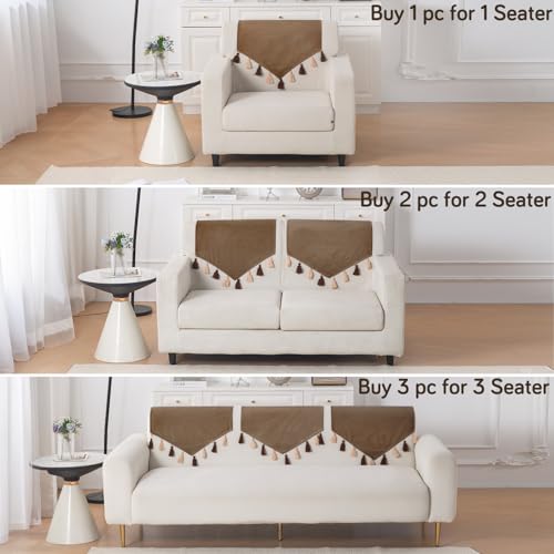 Image of HOKIPO Premium Holland Velvet Sofa Backrest Cover with Tassels - 'TasselTone Series', Warm Taupe (IN-1103-BRN)