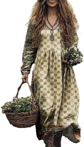 Women’s Boho Floral V-Neck Maxi Dress Long Sleeve Vintage Loose Fit Dress for St Patrick’s Day Casual Holiday Wear