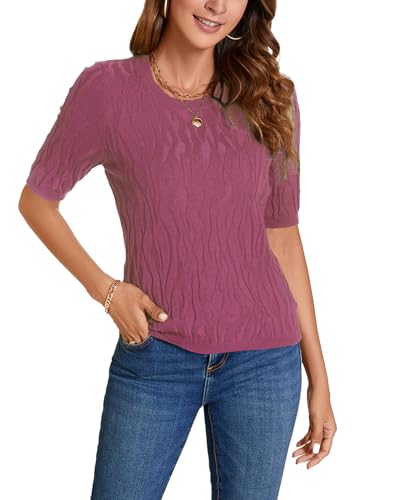 Image of MINTLIMIT Womens Short Sleeve Sweater Summer Pullover Shirt Tops Texture V Neck Casual Knit Tees Tops