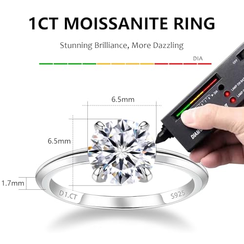 1 CT 2CT Moissanite Enagaement Ring for Women, White Gold Plated 925 Sterling Silver Moissanite Rings, Promise Rings Wedding Band Rings for Women Size 5-103