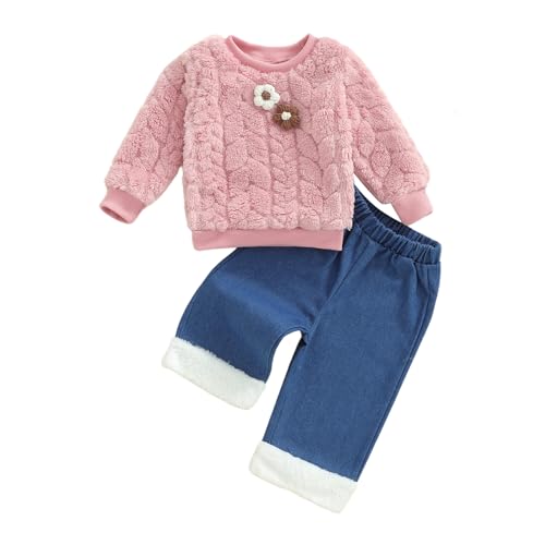Toddler Baby Girl Clothes Winter Outfit 3d Flower Shirt Floral Sweatshirt Fleece Girls Jeans Clothing Set
