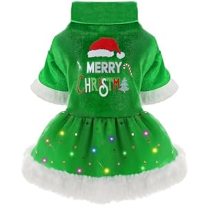Dog Christmas Sweater Dress, LED Light XXS Winter Dog Clothes Sweater for Small Dogs Girl, Dog Christmas Outfits, Dog Christmas Costumes, Cat Clothing Pet Apparel (M, Green)