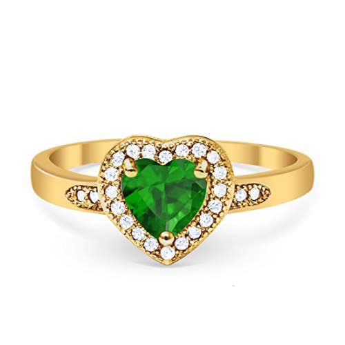Blue Apple Co. Yellow Tone, Simulated Green Emerald CZ Size-11 Halo Heart Promise Ring Round Simulated Cubic Zirconia 925 Sterling Silver