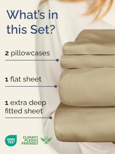 Image of Extra Deep Twin Sheet Set - 4 Piece Breathable and Cooling Sheets - Beige | Hotel Luxury Bed Sheets Set, Easy & Secure Fit, Ultra-Soft, Wrinkle & Fade Free, Comfy Sheets Set with Extra Deep Pockets