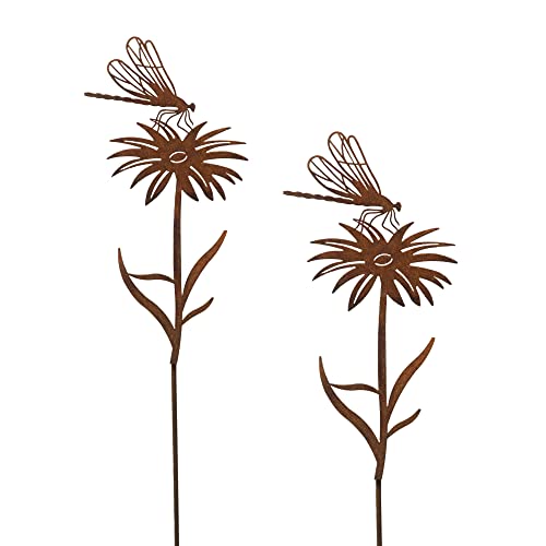 Bornhöft Lot de 2 piquets de jardin en forme de libellule sur fleur en métal et rouille - Décoration de jardin rouillée - Décoration de jardin Cover