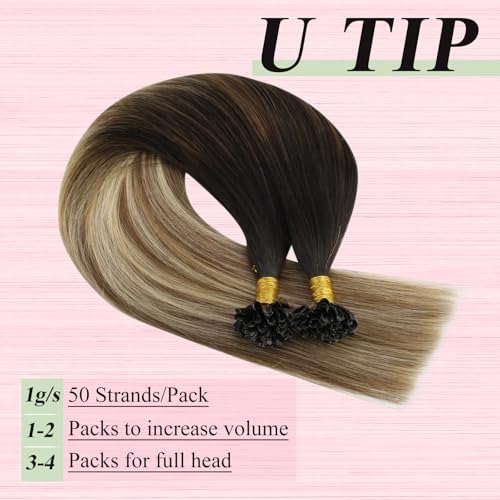 Image of YoungSee U Tip Extensions Human Hair Balayage Utip Hair Extensions Human Hair Brown with Blonde Balayage K Tip Hair Extension Real Hair Ombre Long Hair 24In for Date Nights 50s /50g