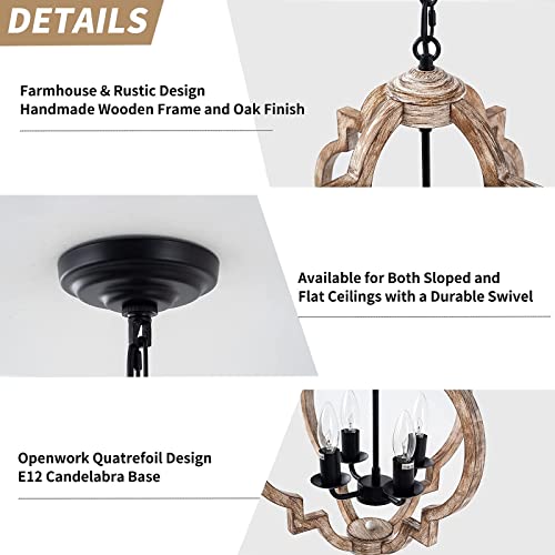 Neechicx 16.14 Inch 4-Light Farmhouse Wood Chandelier, Rustic Orb Pendant Lighting Fixture With Adjustable Chain thumb #5