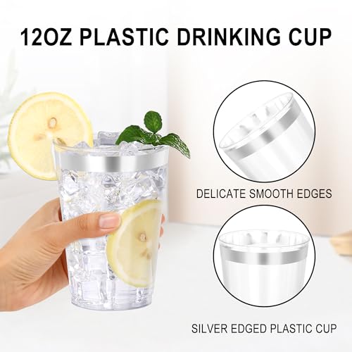 Image of 50 Pcs Silver Plastic Cups,12oz Silver Rimmed Plastic Cups,Heavy Duty Disposable Plastiic Wine Glasses Cocktail Glasses Premium Cup with Silver Rim for Party,Wedding,Christmas