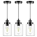 WimiSom Industrial Pendant Lighting, Modern Clear Glass Shade Farmhouse Adjustable Hanging Light Fixtures for Kitchen Island Living Room Bedroom Hallway, 3-Pack