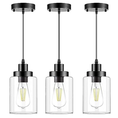 WimiSom Industrial Pendant Lighting, Modern Clear Glass Shade Farmhouse Adjustable Hanging Light Fixtures for Kitchen Island Living Room Bedroom Hallway, 3-Pack