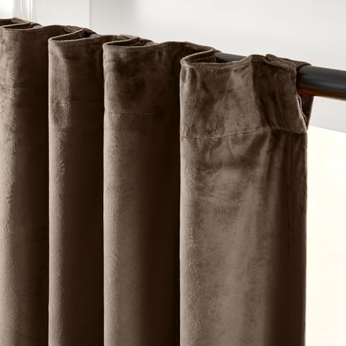 Image of Truffle Velvet Curtains Quiet Luxury Back Tab 52x90 Inch 2 Panels | Soft Velvet, Blackout, Lined, For Bedroom & Living Space, Light Shifting Texture, Elegant Drape, Rod Pocket, Luxury