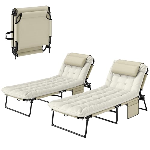 Outsunny Lot de 2 transats Bains de Soleil Pliable avec Dossier inclinable 4 Positions - Appui-tête et Matelas épais Ultra Confortable - Tissu textilène et Acier, Beige
